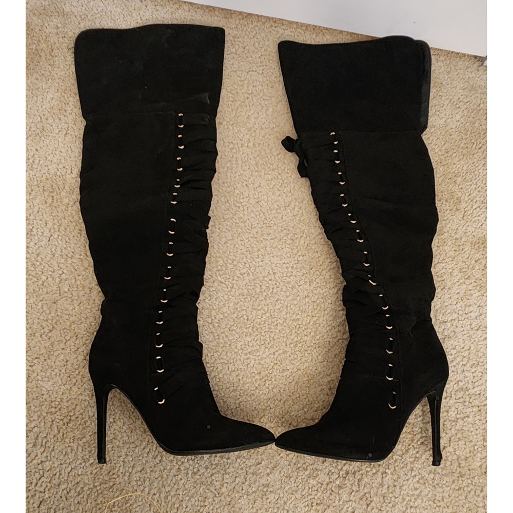 Olivia Black Lace Up Over The Knee Stiletto Boots Pointed Toe Size 8